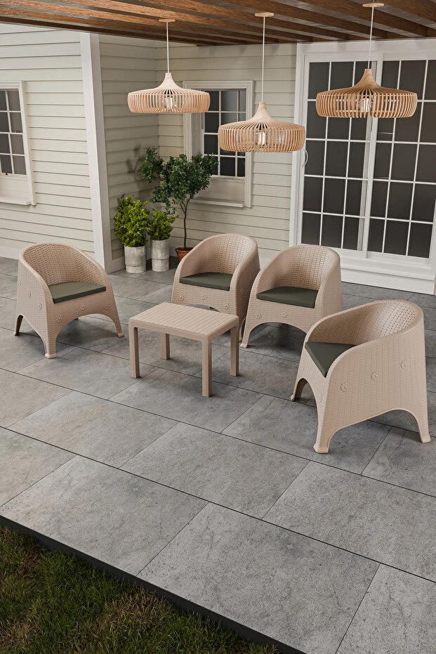 Olivia 4 Kişilik Minderli Raddan Oturma Grubu 40x60 Sehpalı Balkon Teras Bahçe Takımı